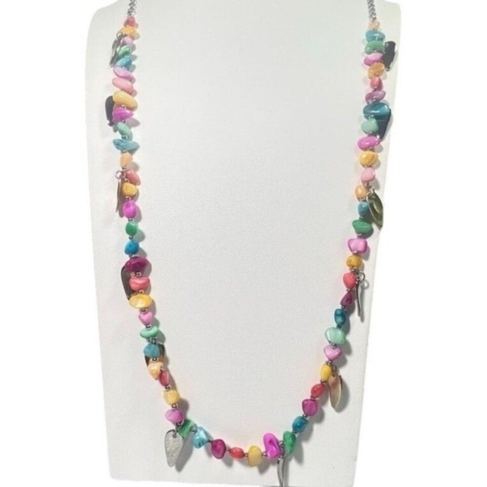 Beaded‎ Necklace 22" Multi Colored Silver Tone Metallic Accents Statement Chic